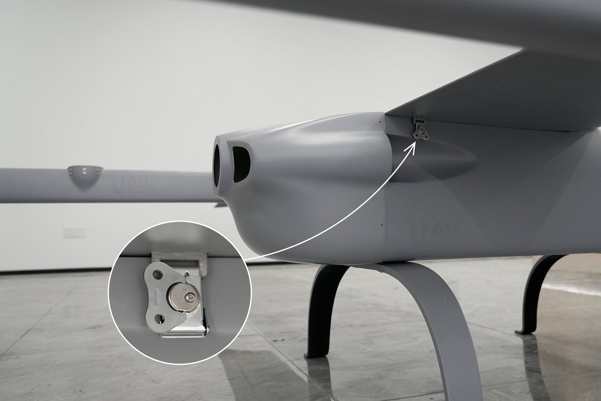 Skyeye Wingspan 6000MM VTOL UAV drone close-up of fuselage and locking mechanism.