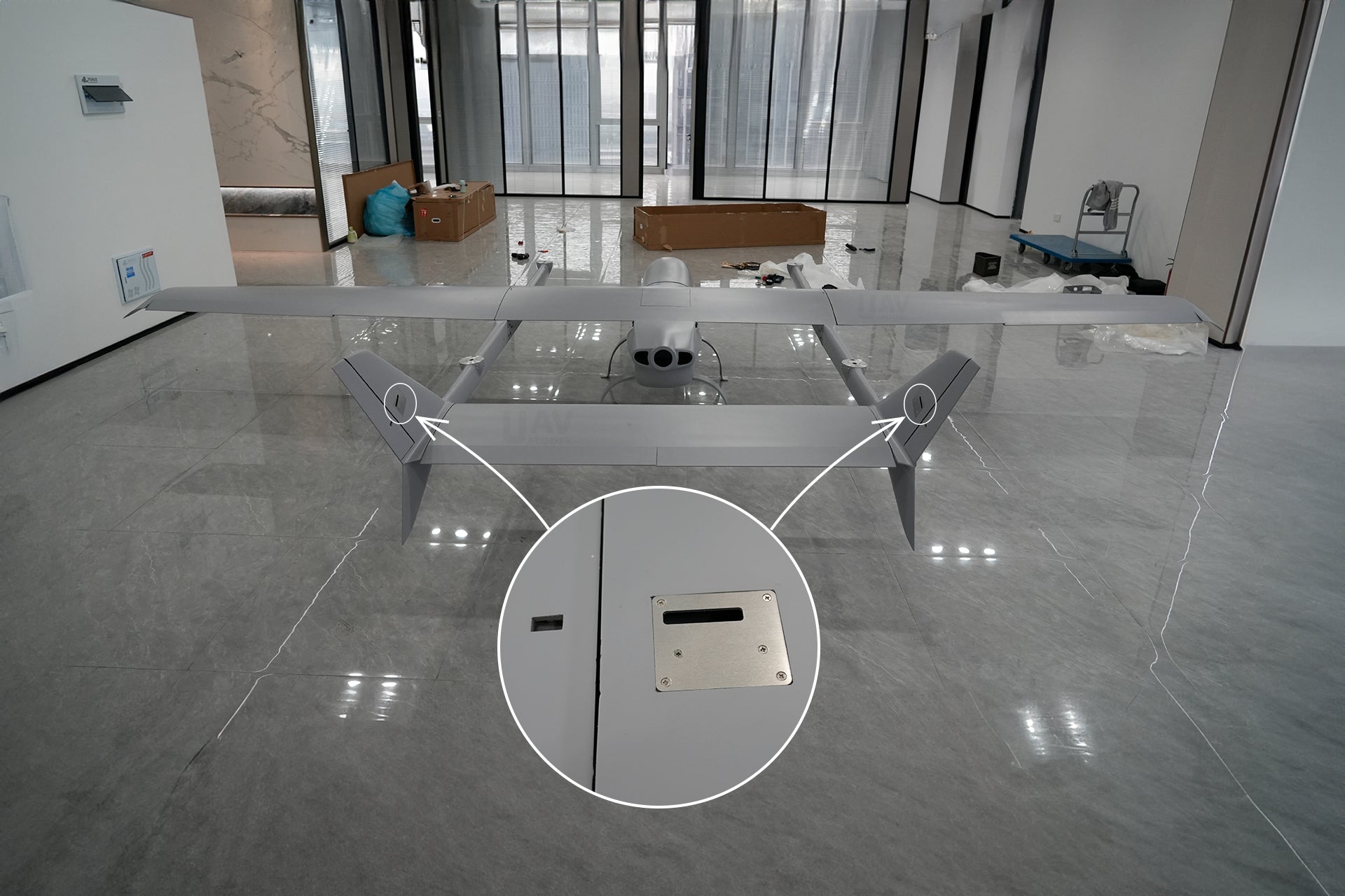 Skyeye Wingspan 6000MM VTOL UAV in an industrial setting, showcasing detailed structural design.